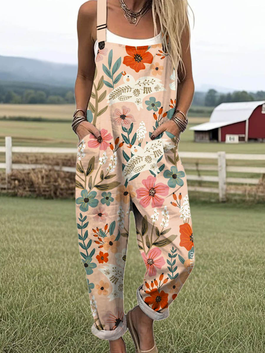 Women's Lovely Floral Birds Pattern Art Print Casual 100% Cotton Wide Leg Jumpsuit