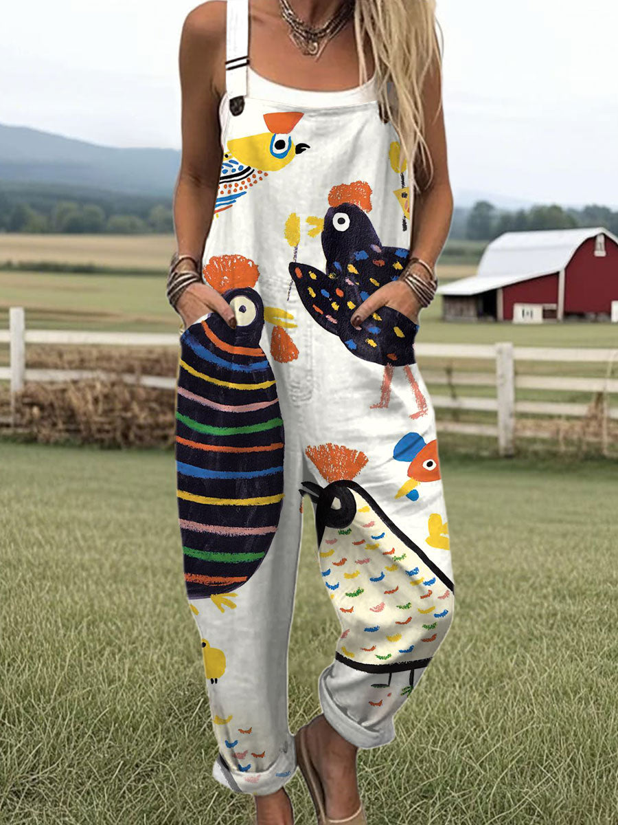 Women's  Funny Chick Art Print Casual 100% Cotton Wide Leg Jumpsuit