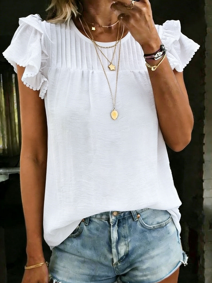 Women's Ruffled Round Neck 100% Cotton Short-sleeve Shirt