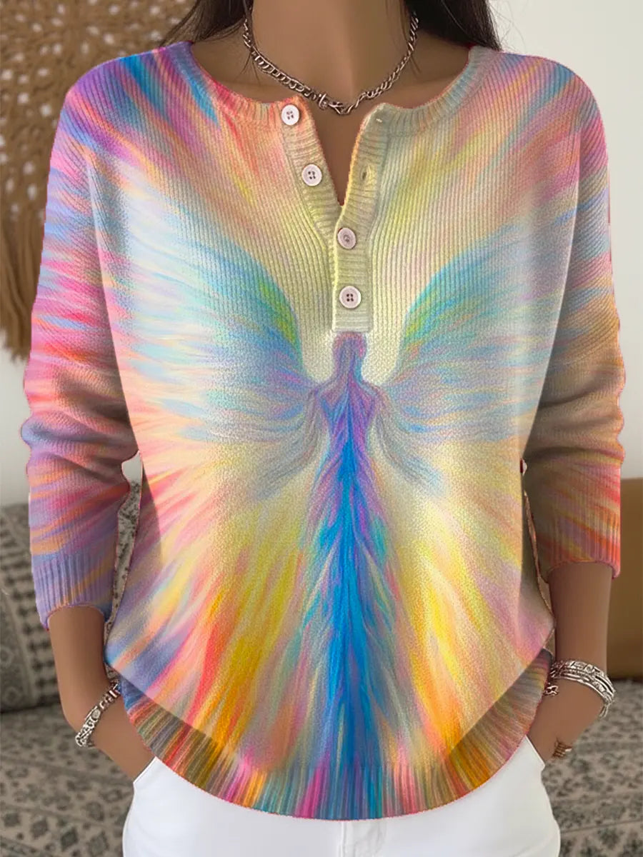 Women's Lovely Angel Pattern Art Print Buttoned Cardigan Sweater