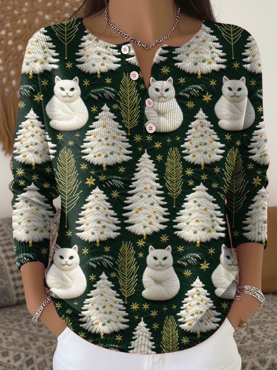 Women's Lovely Christmas Cats Art Print Buttoned Cardigan Sweater