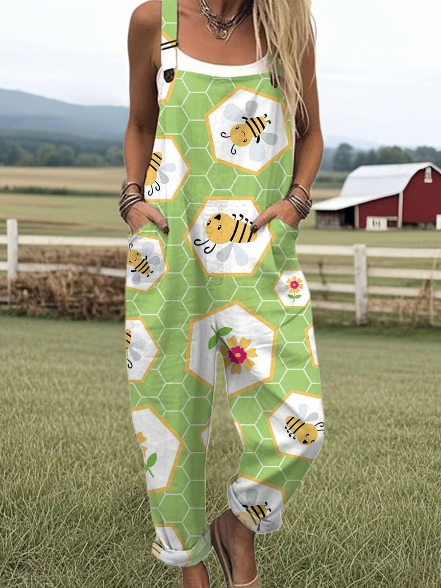 Women's  Funny Farm Bee Art Print Casual 100% Cotton Wide Leg Jumpsuit