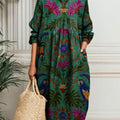 Women's Vintage Flower Art Print Pocket Cotton Dress