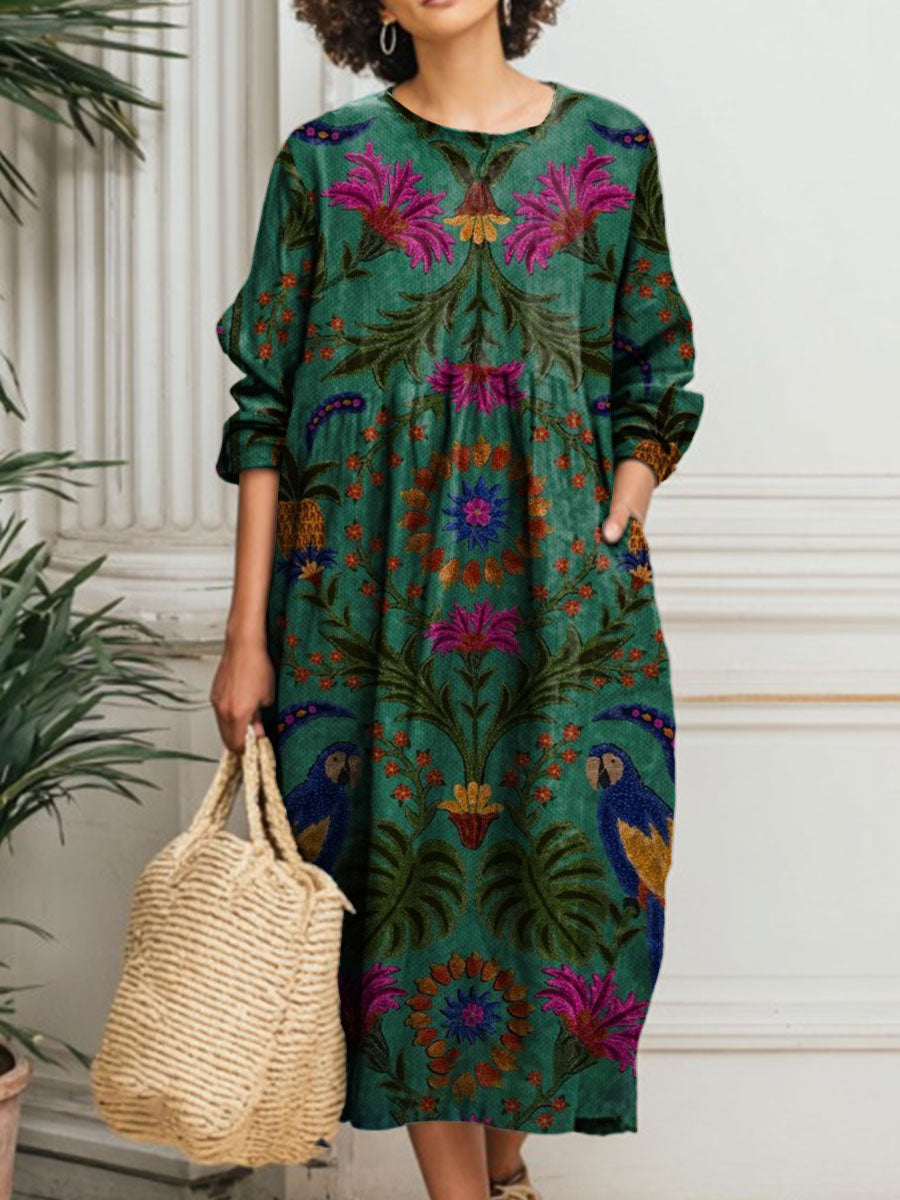 Women's Vintage Flower Art Print Pocket Cotton Dress