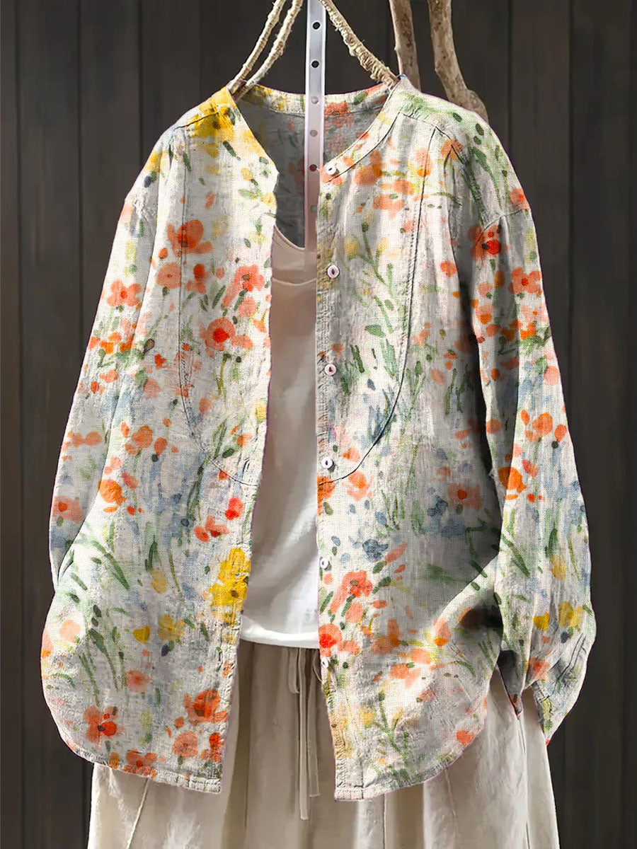 Women's Floral Art Print Casual Cotton And Linen Shirt