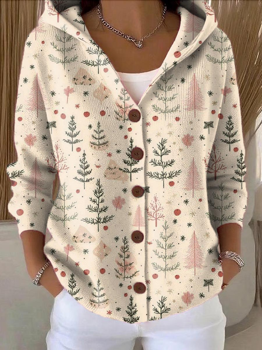 Women's Christmas Tree Art Printed Casual Hooded Button Sweater