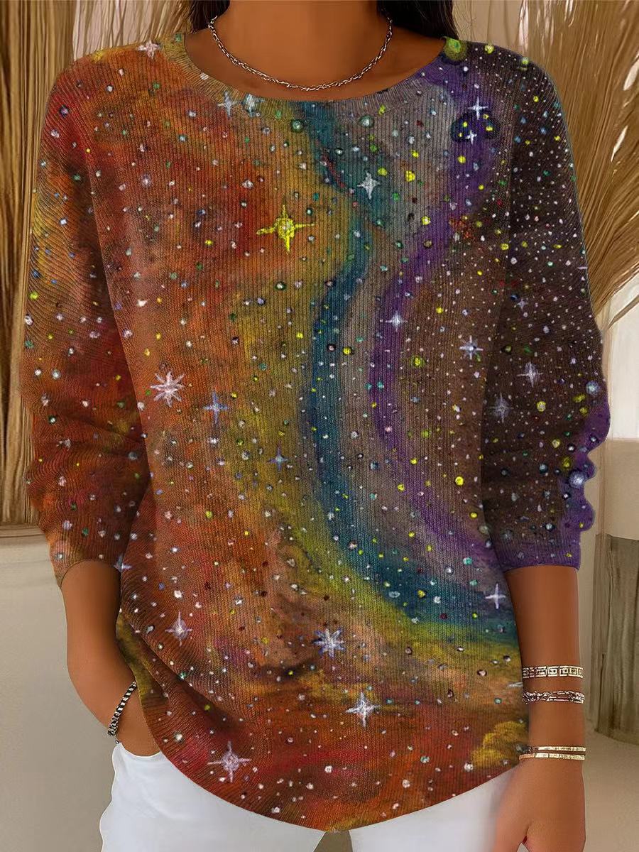 Women's Vintage Abstract Colorful Starry Sky Painting Art Print Casual Pullover Sweater