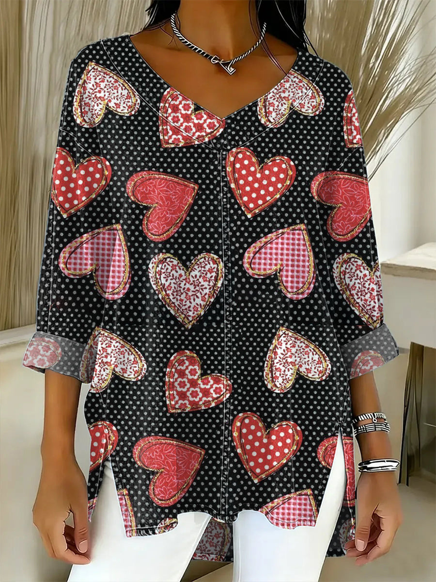 Women's Valentine's Day Heart-shaped Art Print Casual Washed Denim Cotton Top