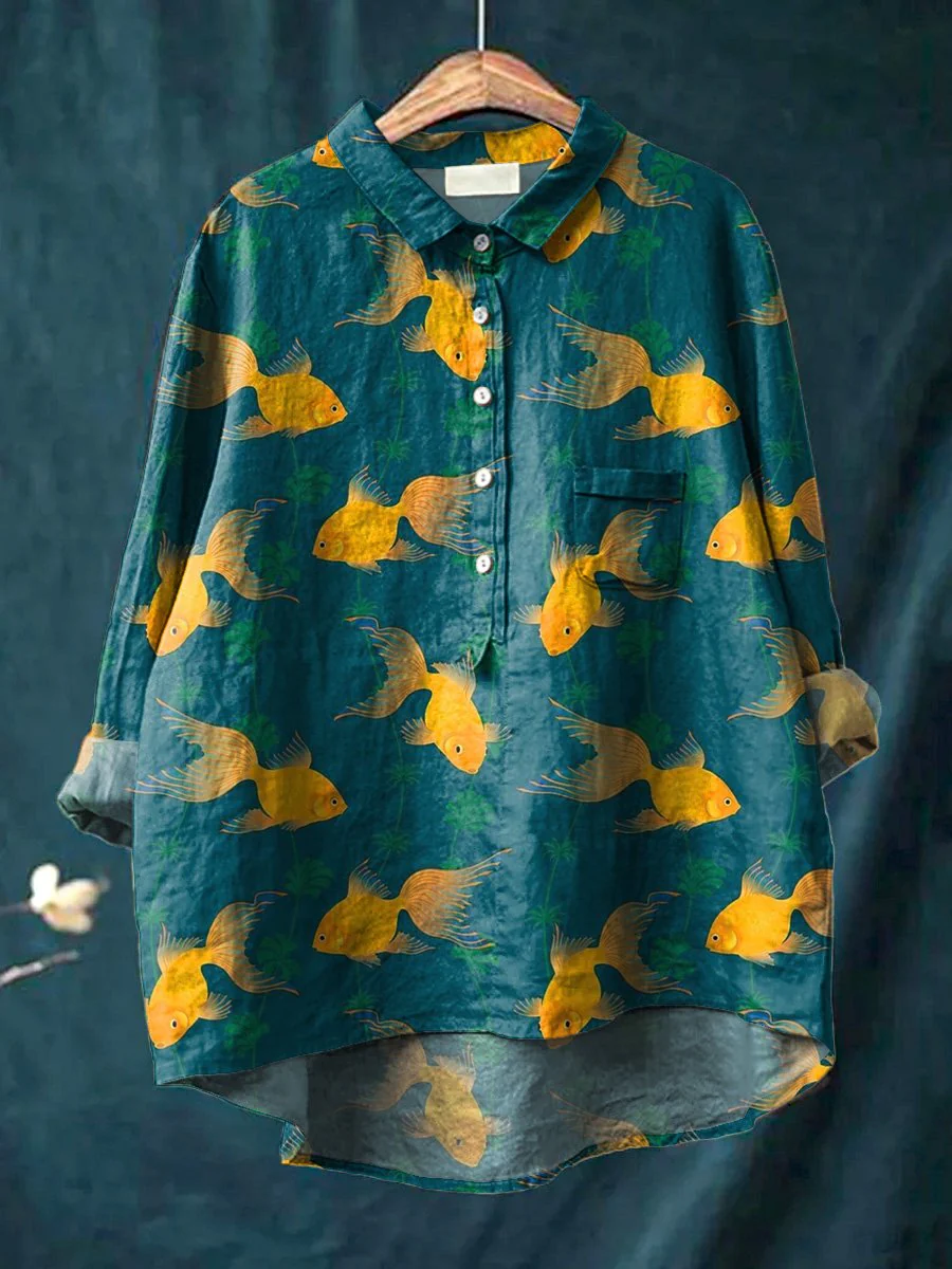 Japanese Goldfish Pattern Printed Women's Casual Cotton And Linen Shirt