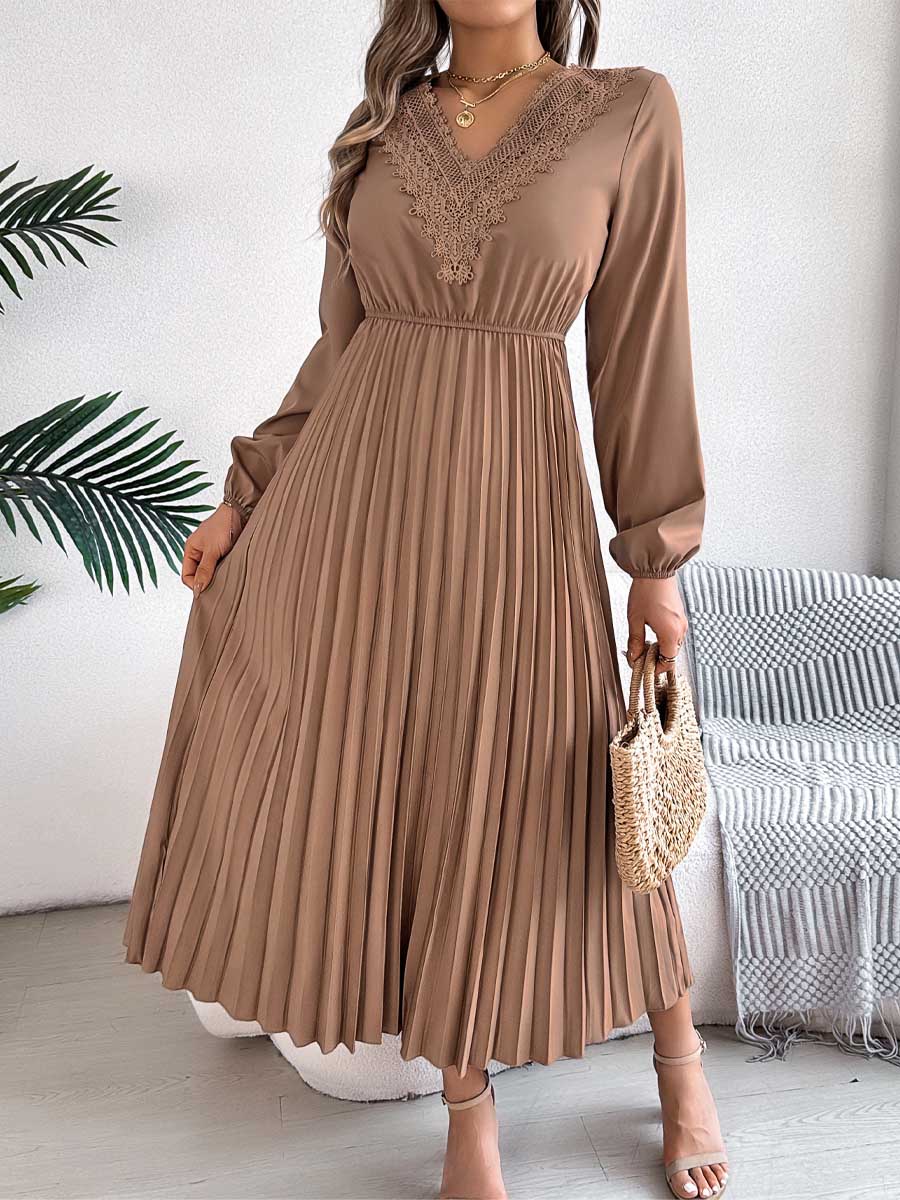 Women's Solid Color Loose Casual V-neck Lace Long Dress