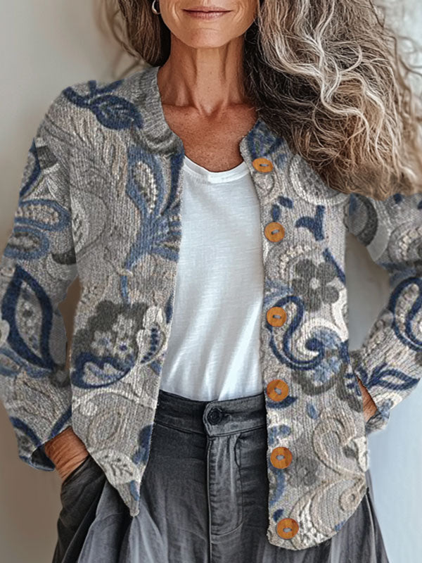 Vintage Flower Art Print Buttoned Cardigan Sweater
