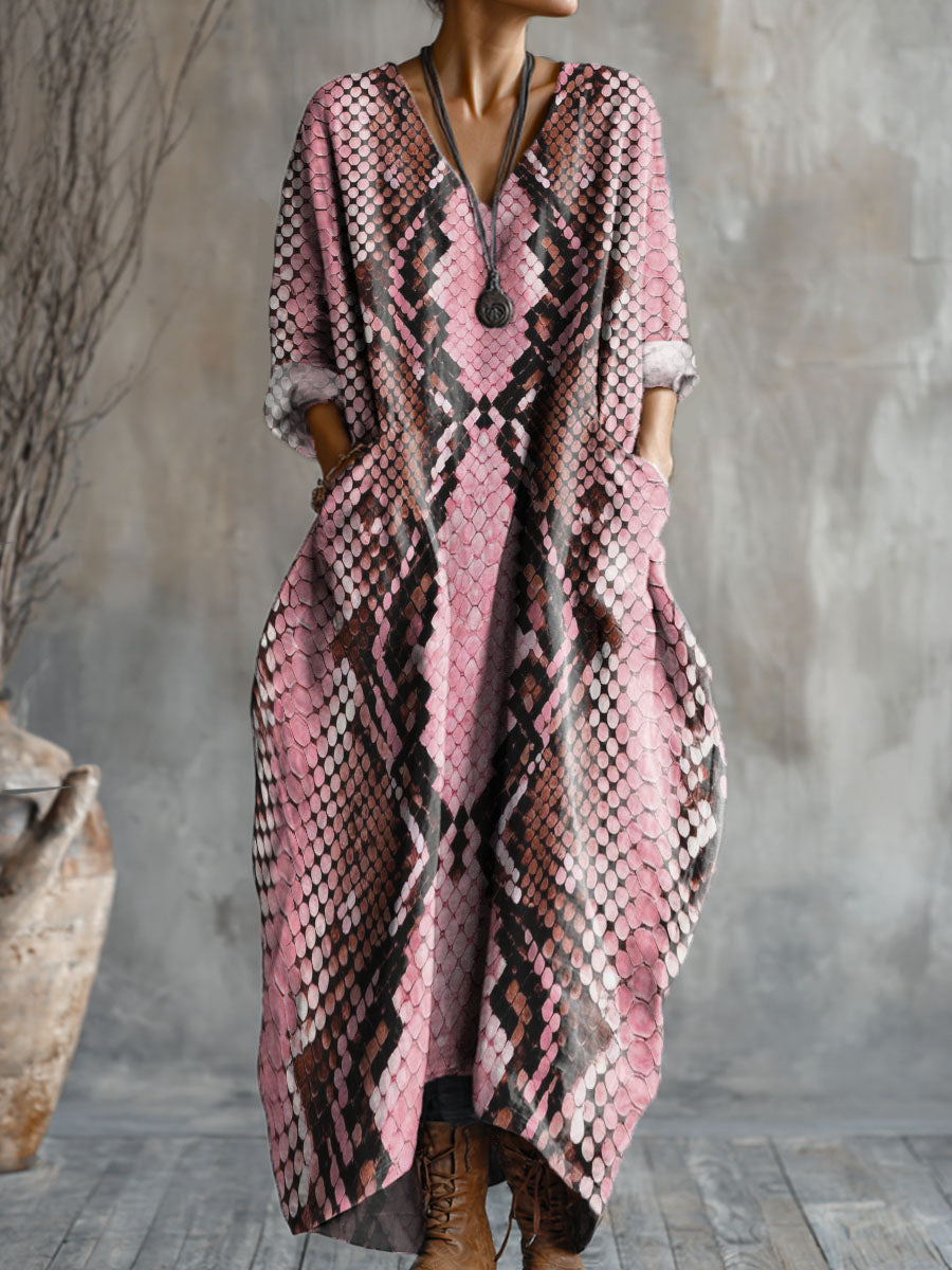 Women's Snake Art Pattern Print Pocket V-neck Cotton Dress