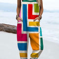 Women's Vintage Abstract Geometric Art Print Casual 100% Cotton Wide Leg Jumpsuit