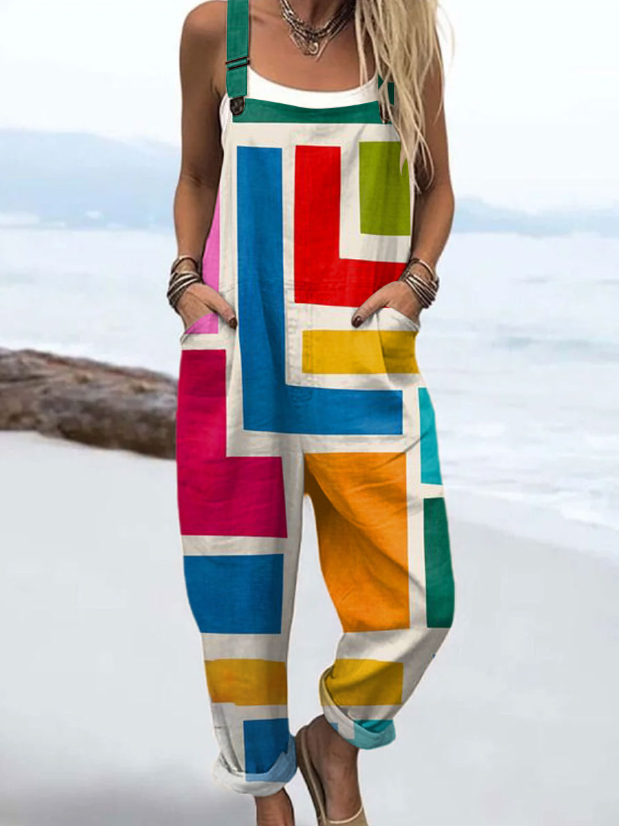 Women's Vintage Abstract Geometric Art Print Casual 100% Cotton Wide Leg Jumpsuit