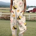 Women's  Vintage Bee Floral Art Print Casual 100% Cotton Wide Leg Jumpsuit