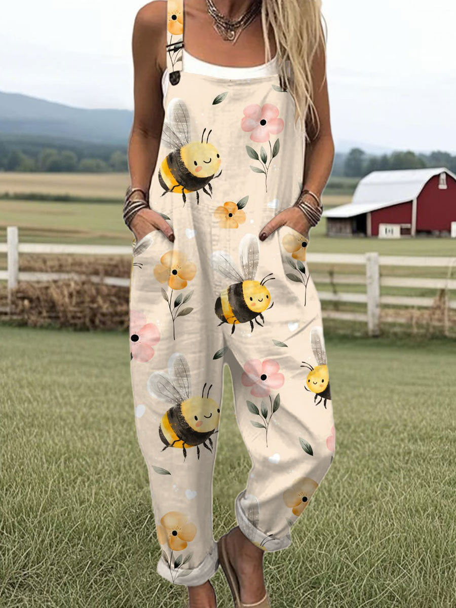 Women's  Vintage Bee Floral Art Print Casual 100% Cotton Wide Leg Jumpsuit