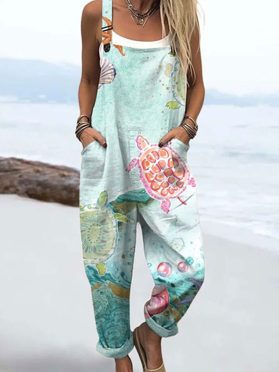 Women's Turtle Print Casual 100% Cotton Wide Leg Jumpsuit