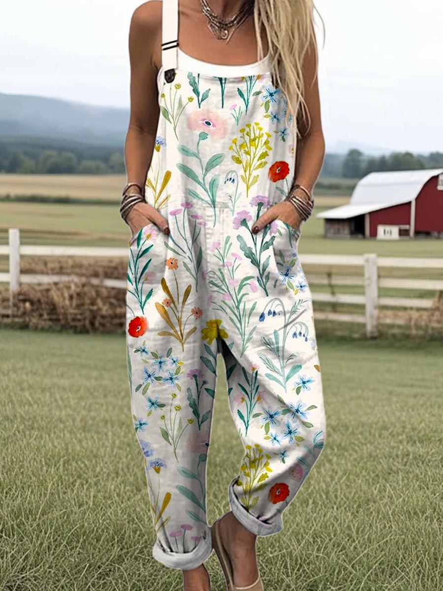 Women's Vintage Floral Pattern Art Print Casual 100% Cotton Wide Leg Jumpsuit