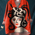 Women's Medusa Art Print Casual Cotton And Linen V-neck Shirt