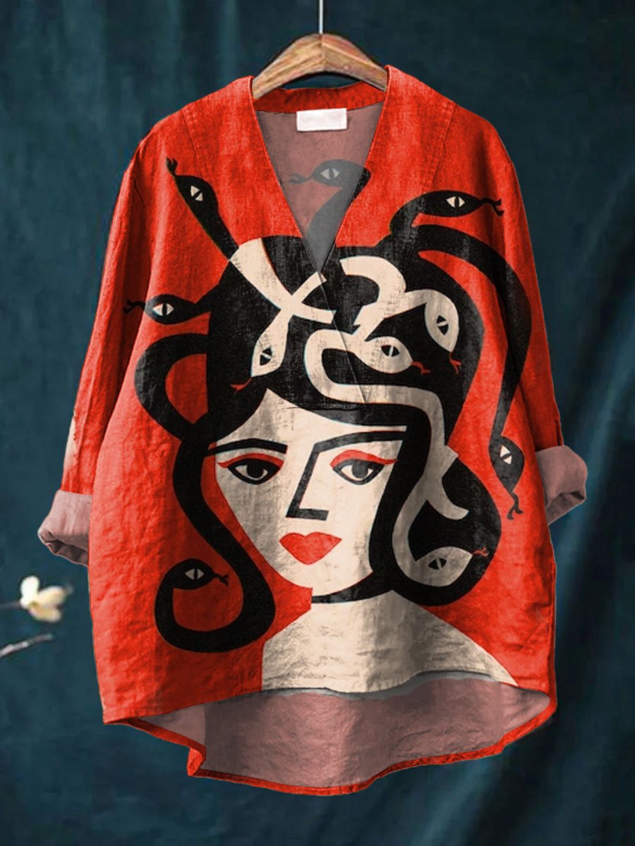 Women's Medusa Art Print Casual Cotton And Linen V-neck Shirt