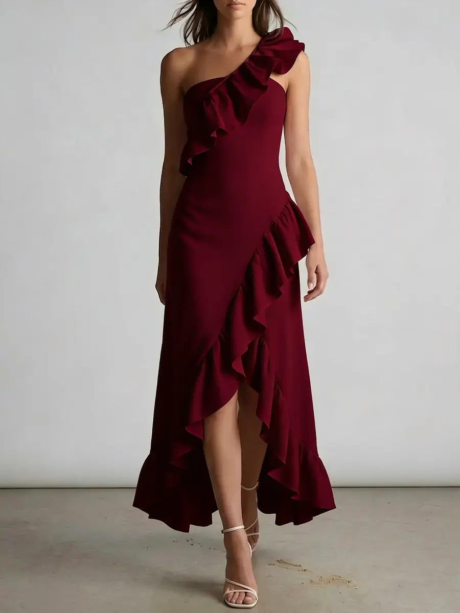 Women's Elegant Lace-trimmed One-shoulder Cotton Linen Dress