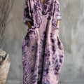 Women's Vintage Floral Pattern Art Print Pocket V-neck Cotton Dress