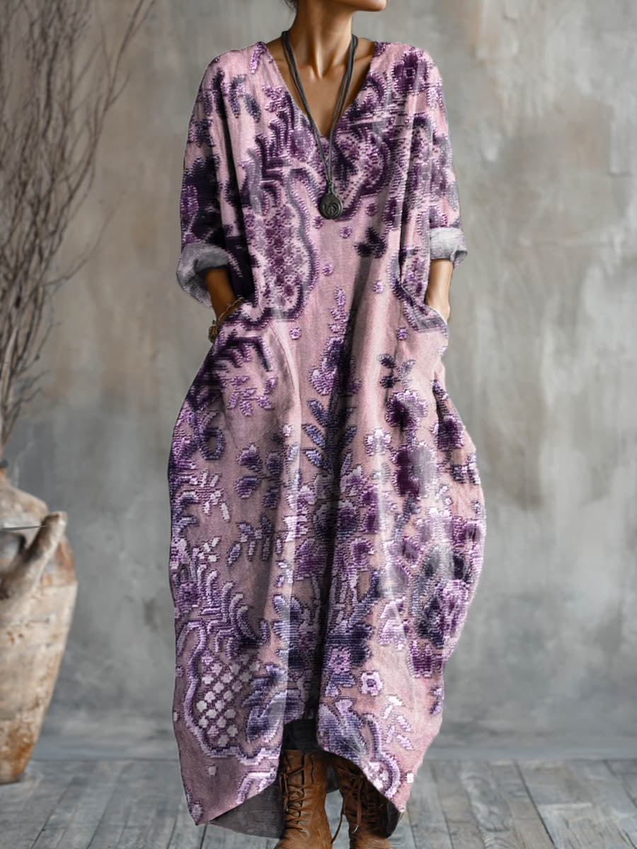 Women's Vintage Floral Pattern Art Print Pocket V-neck Cotton Dress