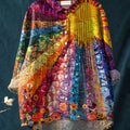 Women's Vintage Floral Patchwork Pattern Art Print Casual Cotton And Linen Ruffle Shirt