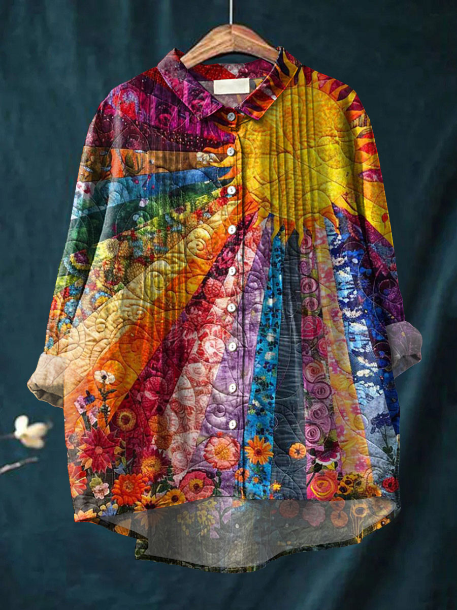 Women's Vintage Floral Patchwork Pattern Art Print Casual Cotton And Linen Ruffle Shirt