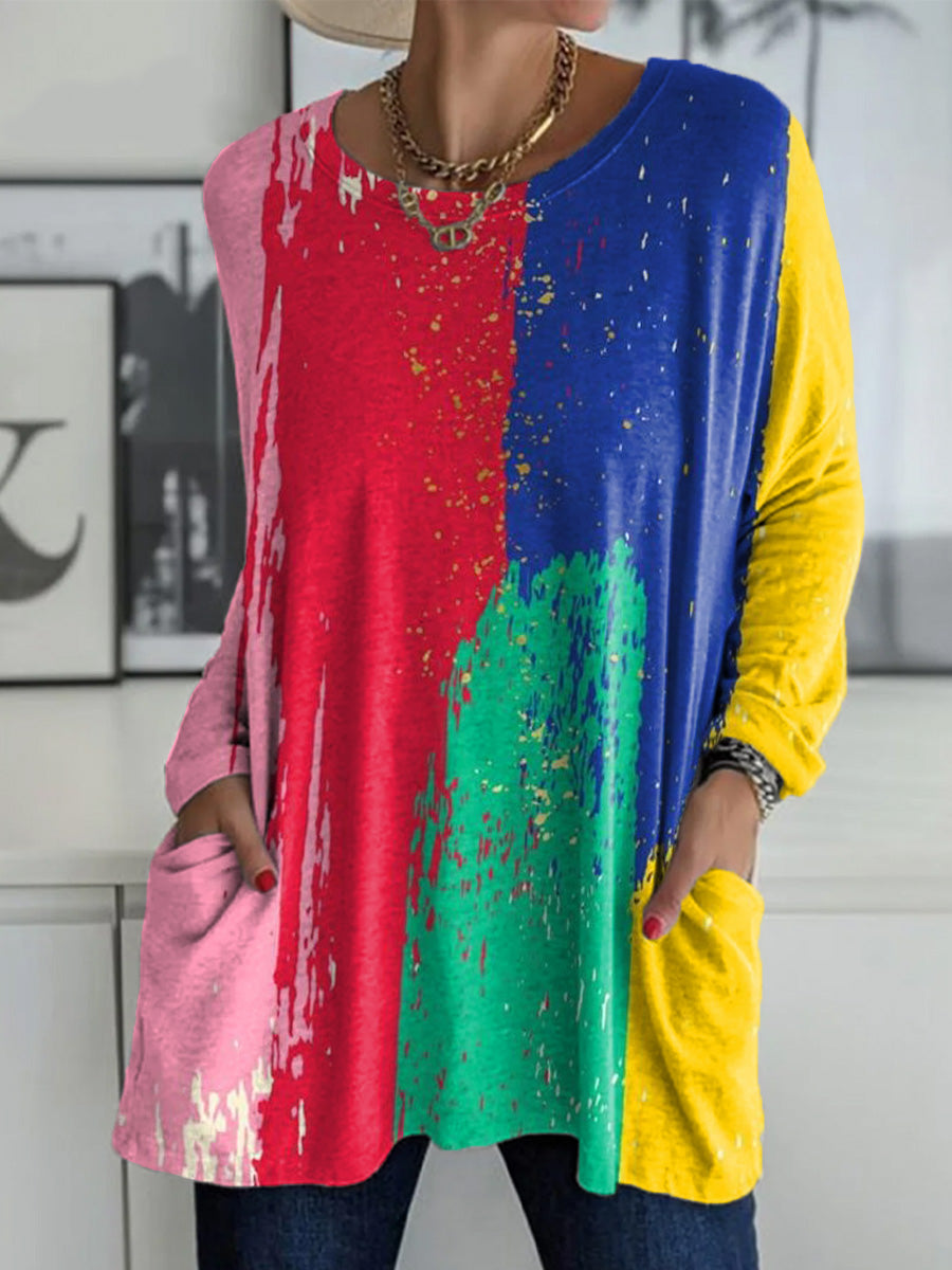 Women's Bright Colorful Abstract Color Block Graffiti Painting Art Print Casual Long Sleeve T-shirt