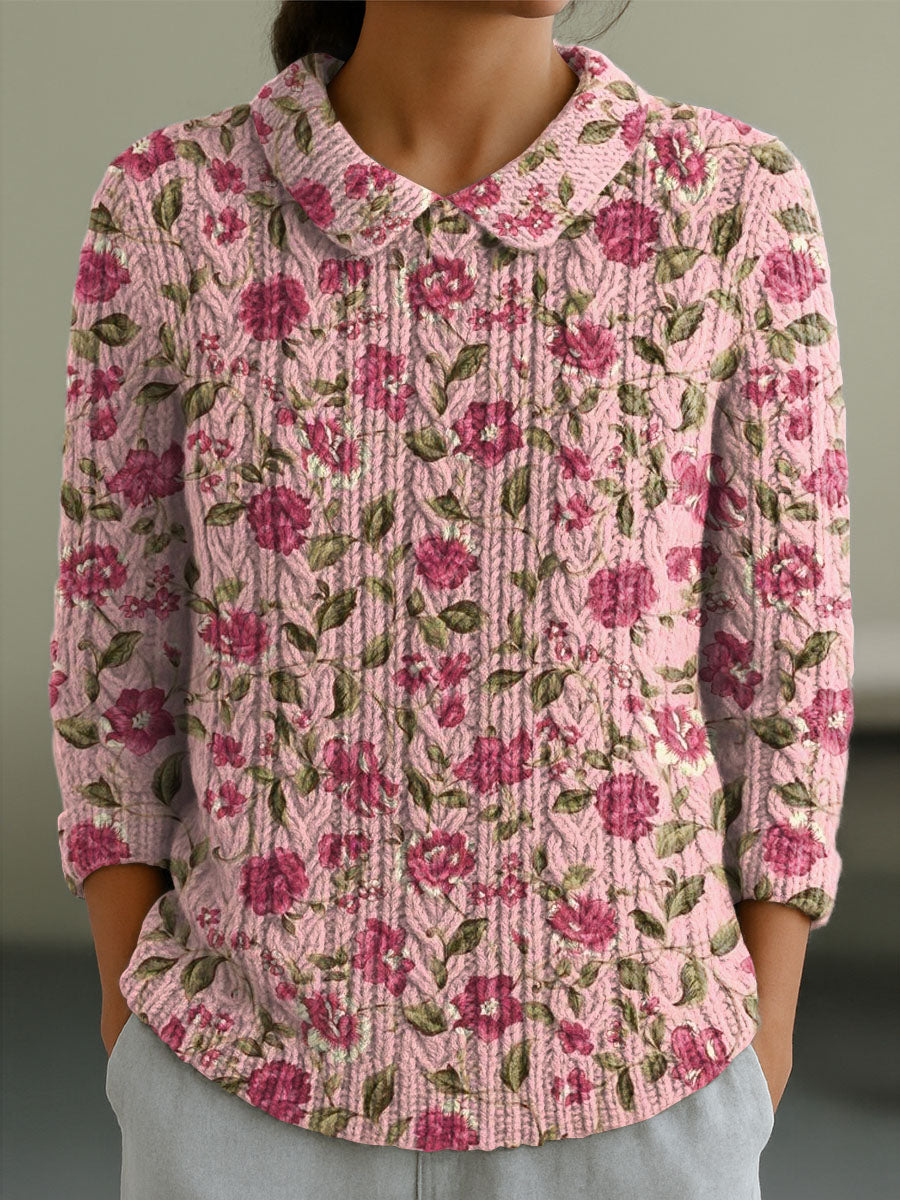 womens-vintage-floral-art-print-casual-peter-pan-collar-3-4-sleeve-sweater-ro9w
