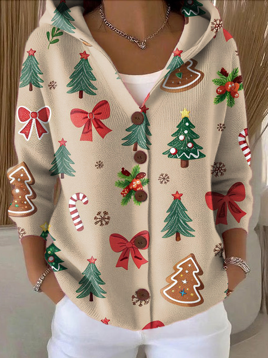 Women's Winter Christmas Gift Painting Art Print Casual Hooded Button Sweater