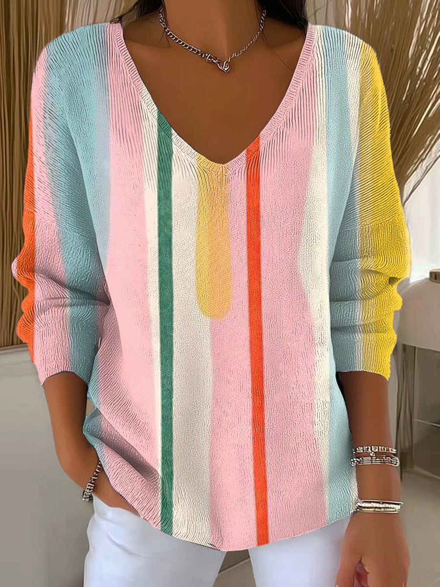 Women's Beautiful Abstract Colorful Stripes Painting Art Print Casual Pullover Sweater