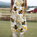 Women's  Bee Vintage  Flowers Art  Print Casual 100% Cotton Wide Leg Jumpsuit
