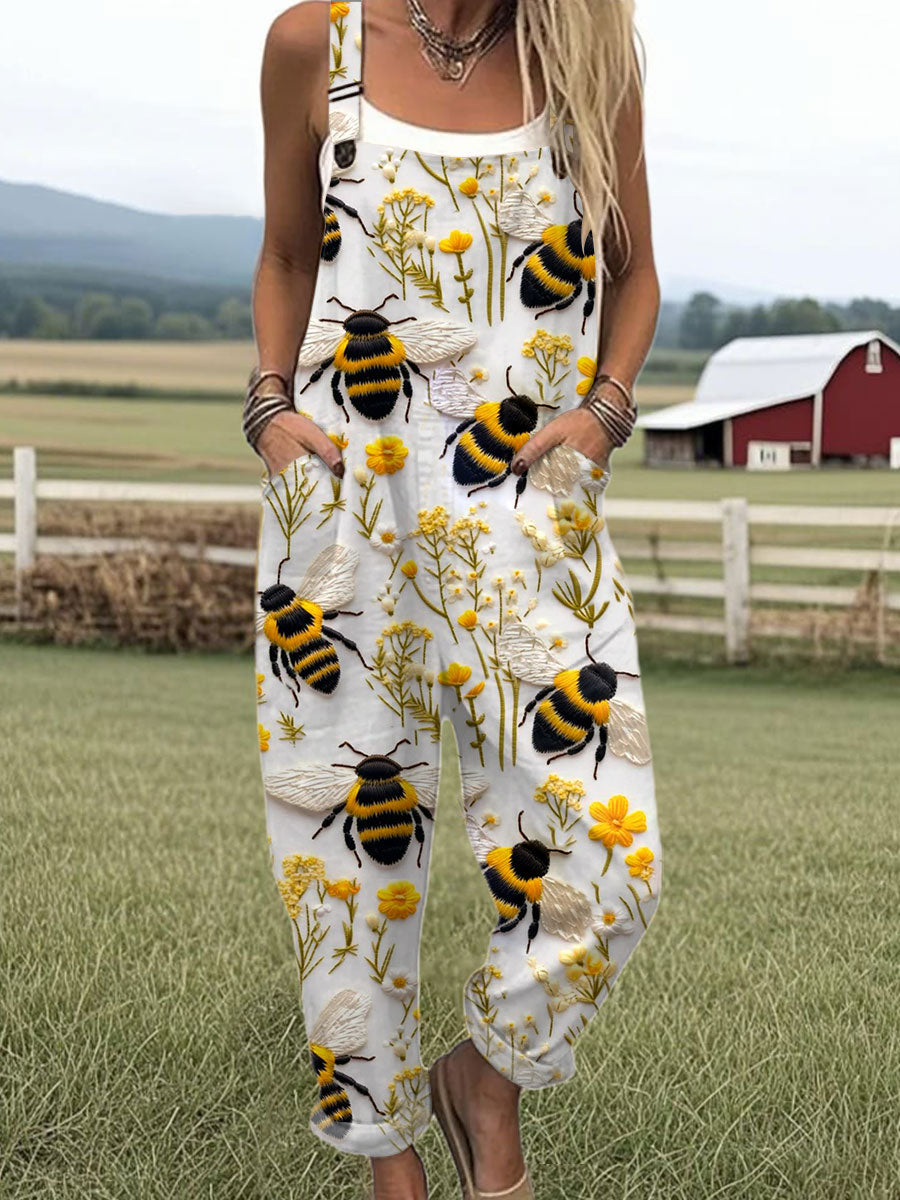 Women's  Bee Vintage  Flowers Art  Print Casual 100% Cotton Wide Leg Jumpsuit