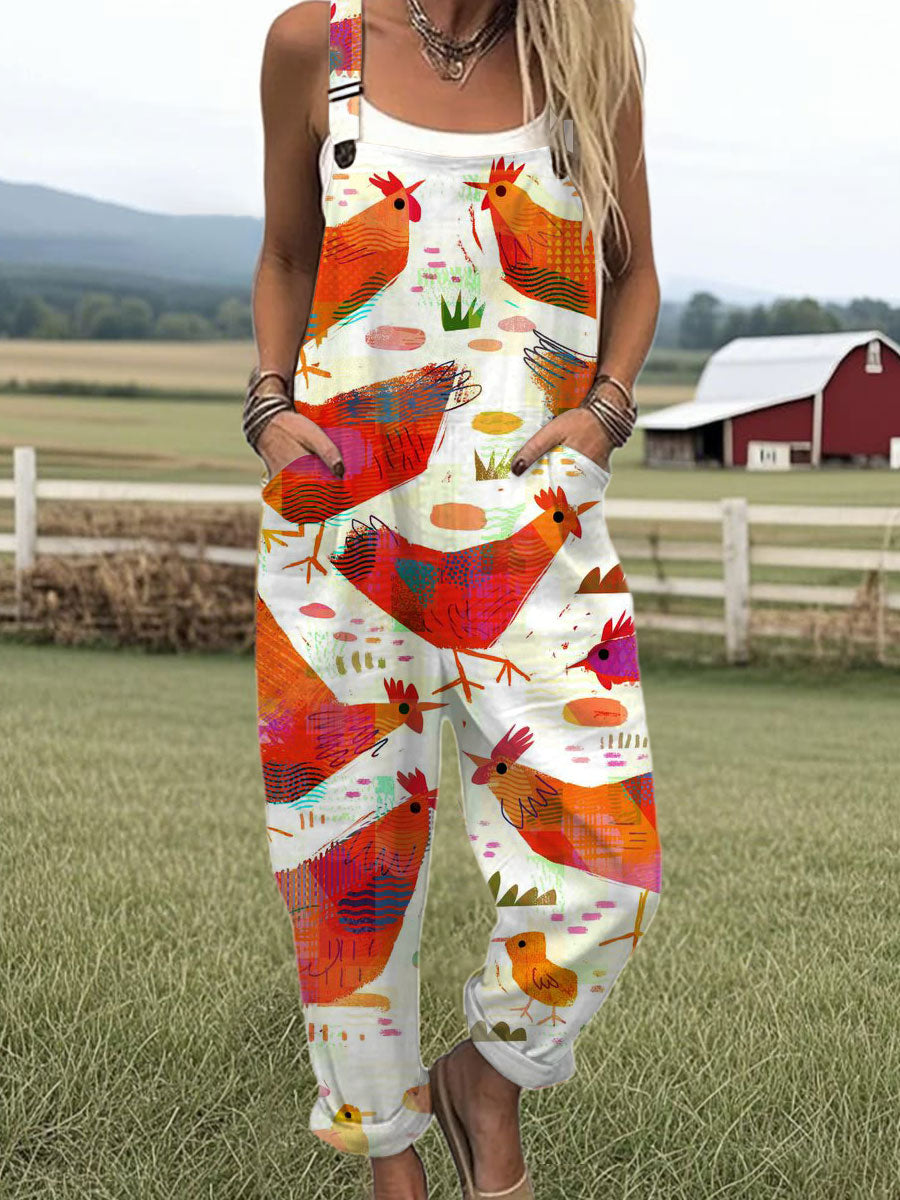 Women's  Farm Funny Chick Art Print Casual 100% Cotton Wide Leg Jumpsuit