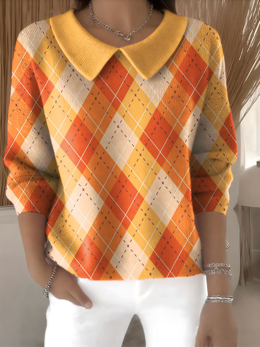 womens-halloween-plaid-pattern-art-casual-print-peter-pan-collar-3-4-sleeve-sweater-wqmp