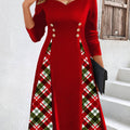 Red Patchwork Plaid Long Sleeve Heart Collar Dress