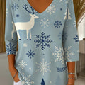 Women's Christmas Print V-Neck Three-Quarter Sleeve Casual Sweater