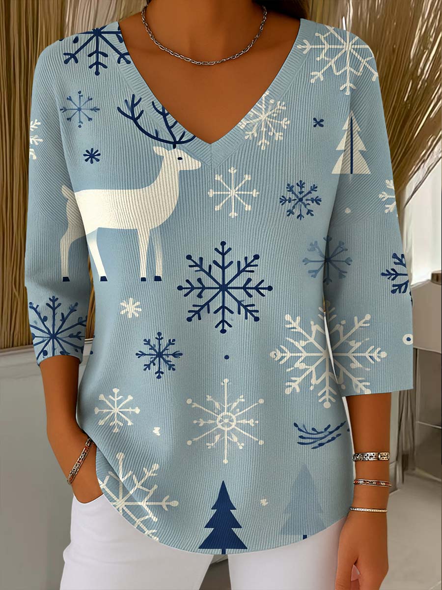 Women's Christmas Print V-Neck Three-Quarter Sleeve Casual Sweater
