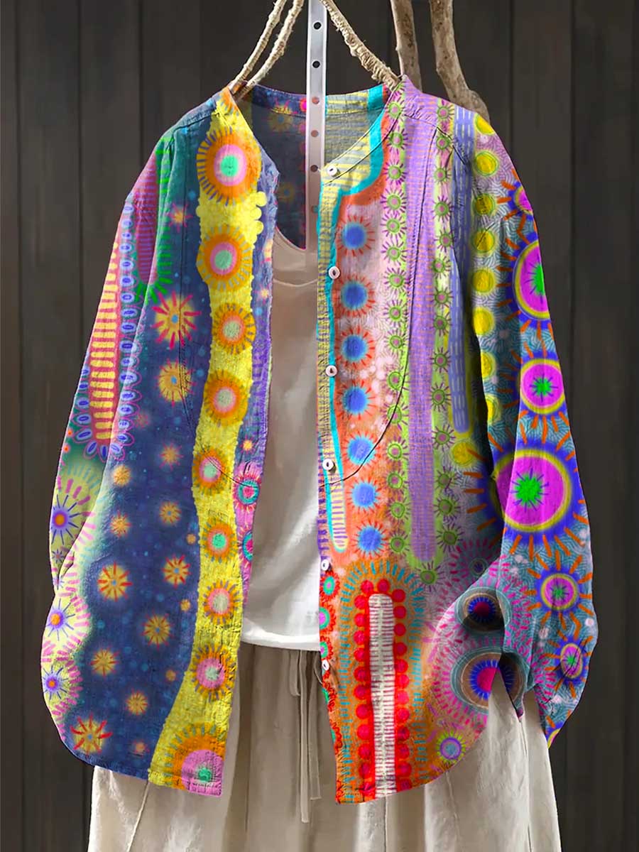 Women's Abstract Pattern Art Print Casual Cotton And Linen Shirt