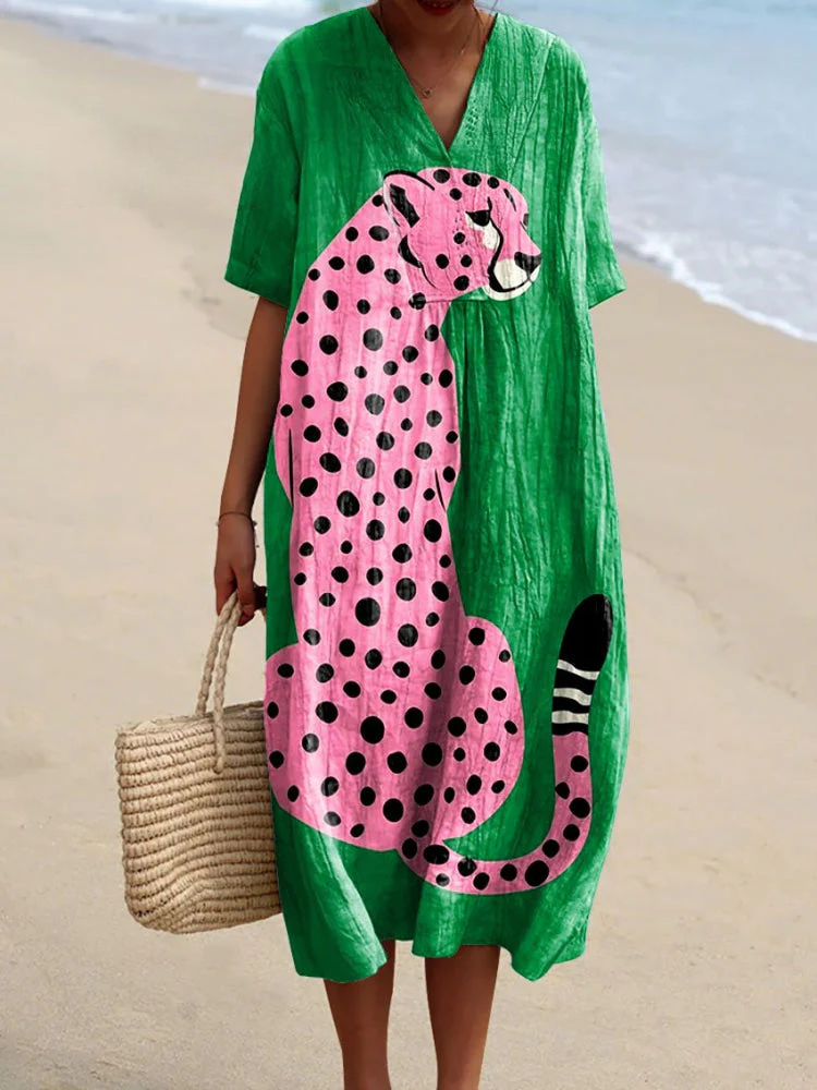Women's Vintage Pink Cheetah Art Print Flowy Dress