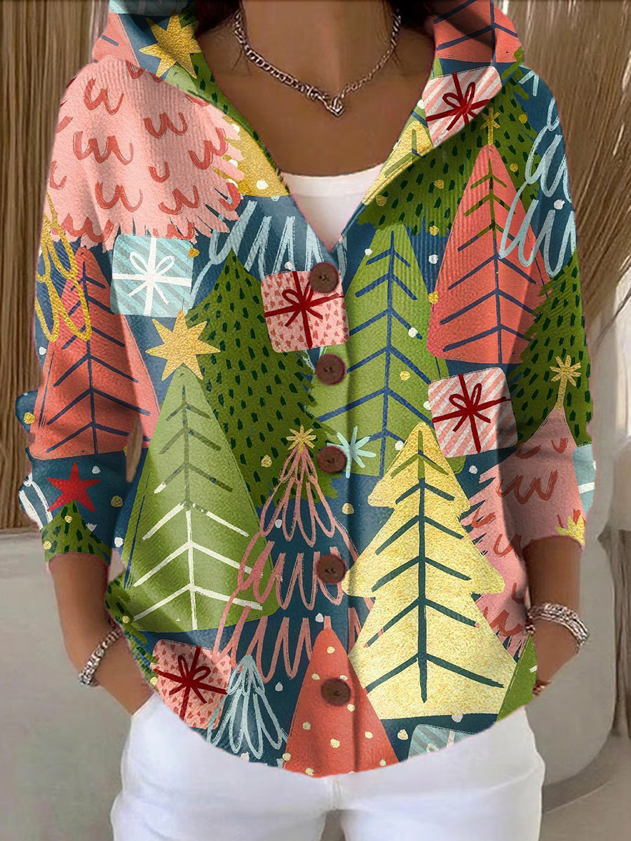 Women's Beautiful And Colorful Winter Christmas Tree Painting Art Print Casual Hooded Button Sweater