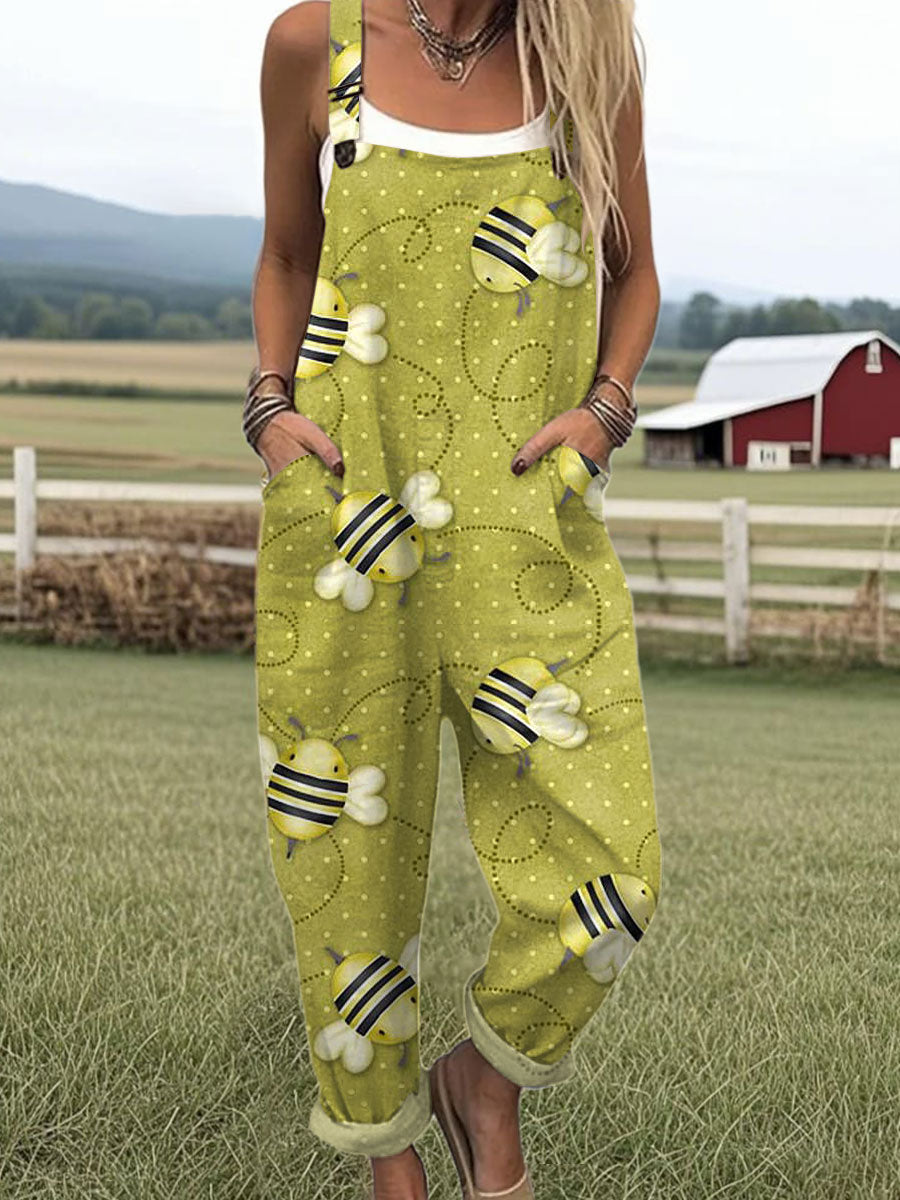 Women's  Funny Bee Art Print Casual 100% Cotton Wide Leg Jumpsuit