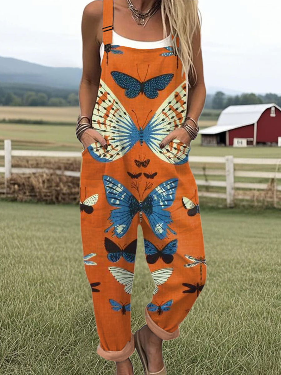 Women's  Vintage Butterfly  Art Print Casual 100% Cotton Wide Leg Jumpsuit