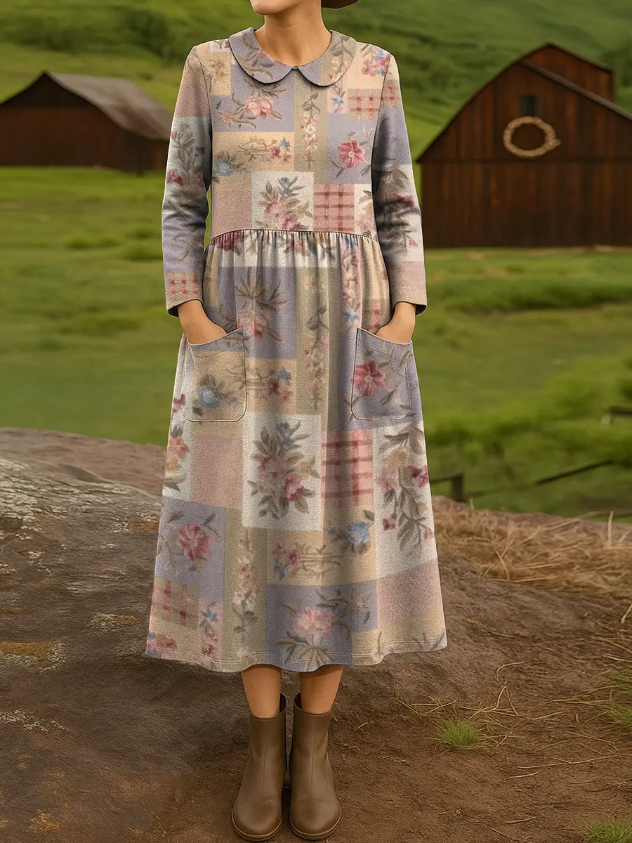 Women's Retro Patchwork Flowers Print Cotton Lapel Button-Down Shirt Dress