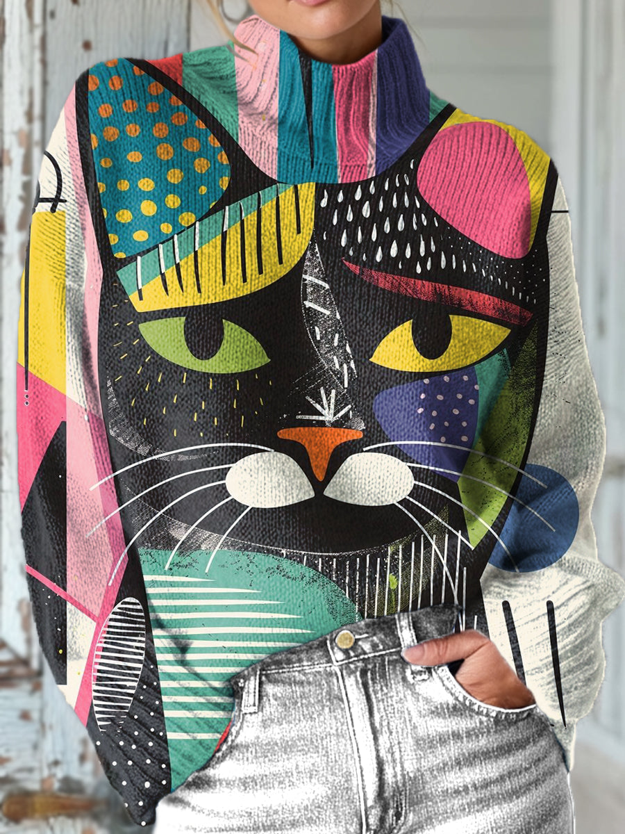 abstract-geometric-colorful-cat-painting-art-print-knit-turtleneck-pullover-sweater