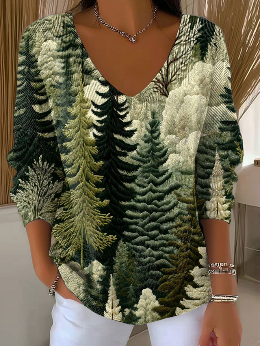 Women's Vintage Christmas Tree Art Print Casual Pullover Sweater