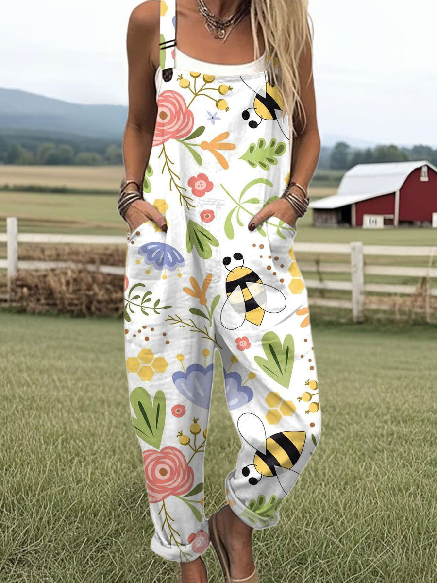 Women's  Bee Art Print Casual 100% Cotton Wide Leg Jumpsuit