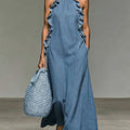Elegant And Romantic Ruffled Denim Dress